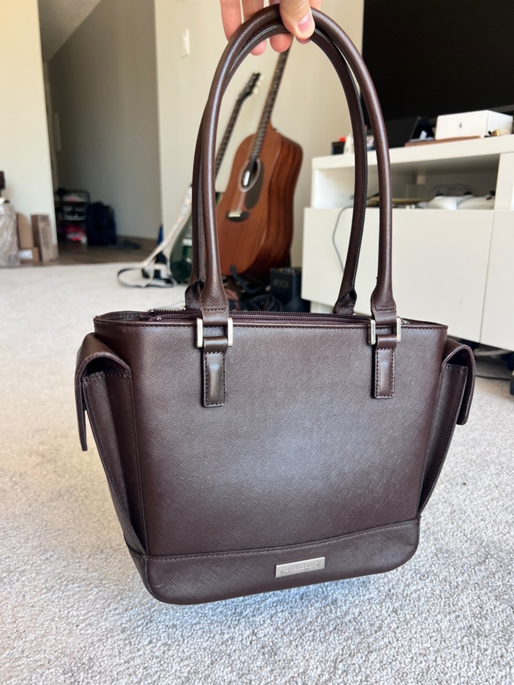 SALE! Burberry Nova Check Saffiano Leather Trapeze Tote Bag Dark Brown dust bag - Picture 4 of 15